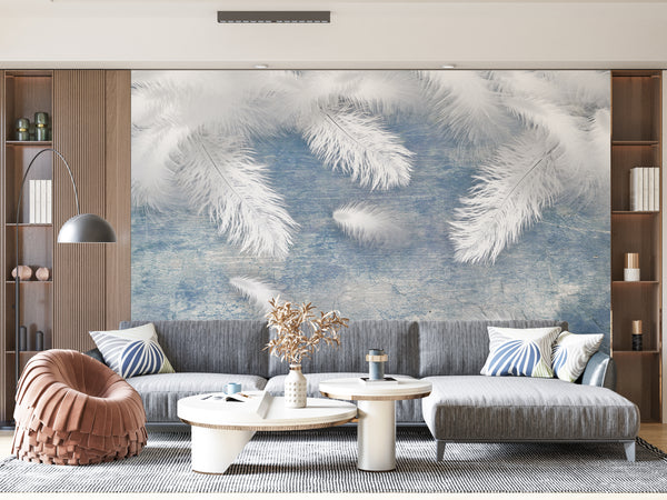 Texture Wallpaper, Non Woven, White Feathers Wallpaper, Blue Abstract Wall Mural