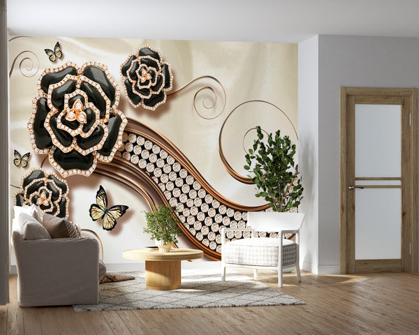 Wall Mural Fantasy | Black Flower Brooch Wallpaper