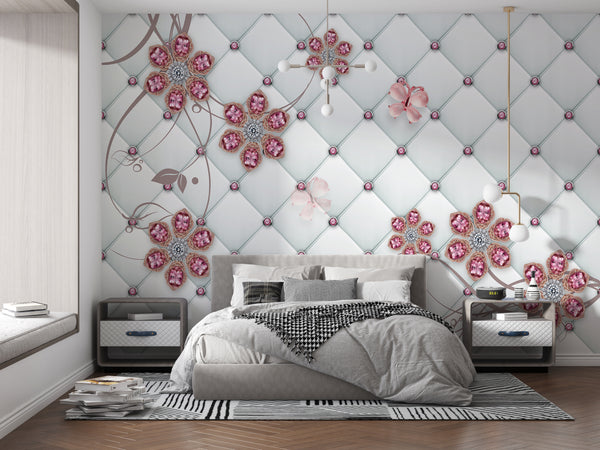 Fantasy Wallpaper, Non Woven, Pink Jewel Flowers & Butterflies Wallpaper, Leather Texture Wall Mural