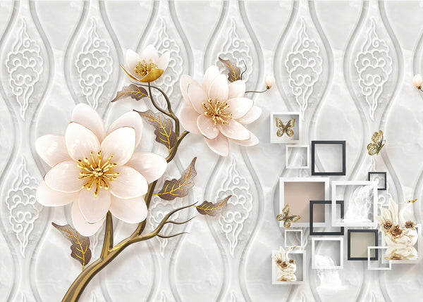 Fantasy Wallpaper, Non Woven, Beige Large Flowers Wallpaper, Grey Lines Wall Mural