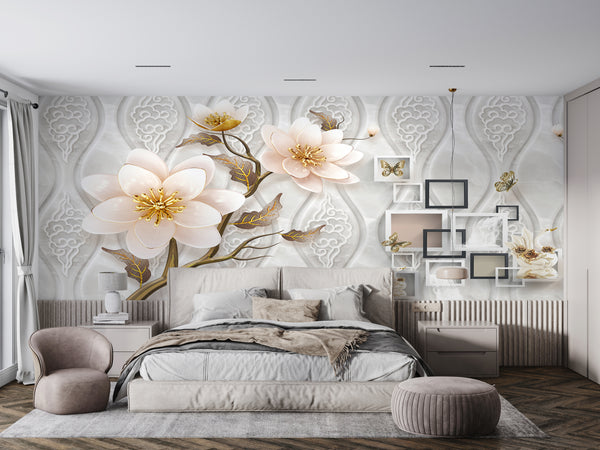 Fantasy Wallpaper, Non Woven, Beige Large Flowers Wallpaper, Grey Lines Wall Mural