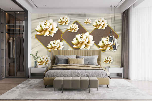 Fantasy Wallpaper, Non Woven, Soft Gold Large Flowers Wallpaper, Geometric Abstract Background Wall Mural