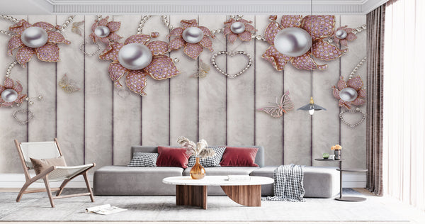 Fantasy Wallpaper, Non Woven, Soft Pink Pearl Flowers Wall Mural, Lined Leather Texture Wallpaper