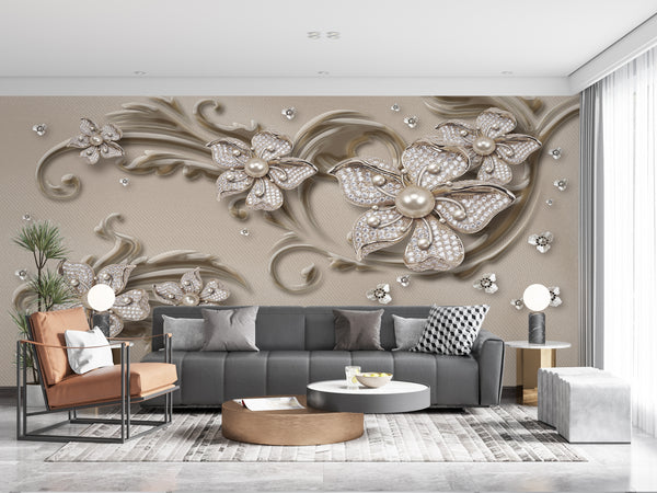 Fantasy Wallpaper, Non Woven, Dark Beige Pearl Flower Brooch Wallpaper, Spring Flower Wall Mural
