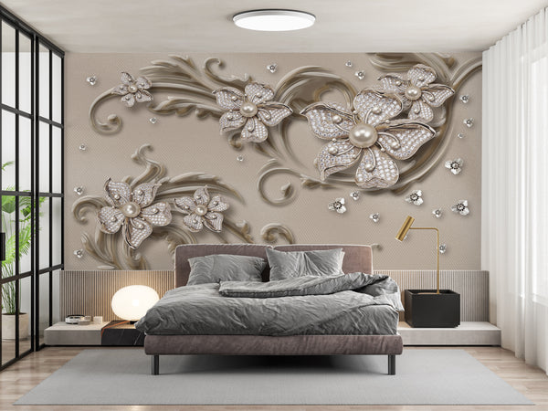 Fantasy Wallpaper | Dark Beige Pearl Flower Brooch Wallpaper