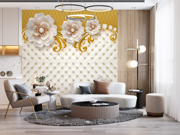 Fantasy Wallpaper, Non Woven, Ivery White Large Flowers Wallpaper, Gold & Beige Leather Texture Wall Mural