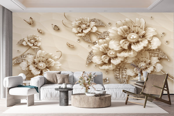 Fantasy Wallpaper, Non Woven, Soft Beige Pearl Flowers Wallpaper, Marble Background Wall Mural