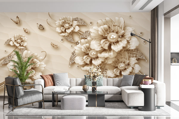 Fantasy Wallpaper | Soft Beige Pearl Flowers Wallpaper