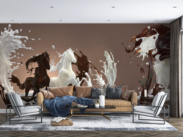 Wallpaper Mural, Brown & White Running Horses Wallpaper, Milk Horses Wall Mural