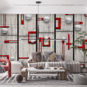 Abstract Wallpaper Mural | Red and Grey Abstract Geometry Wallpaper