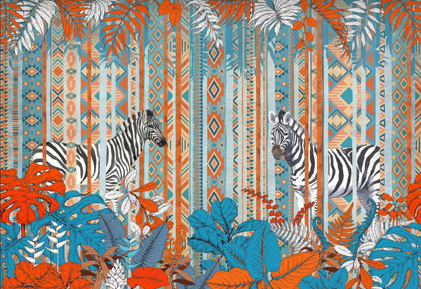 Wallpaper Mural, Zebra Animals & Ethnic Pattern Wall Mural