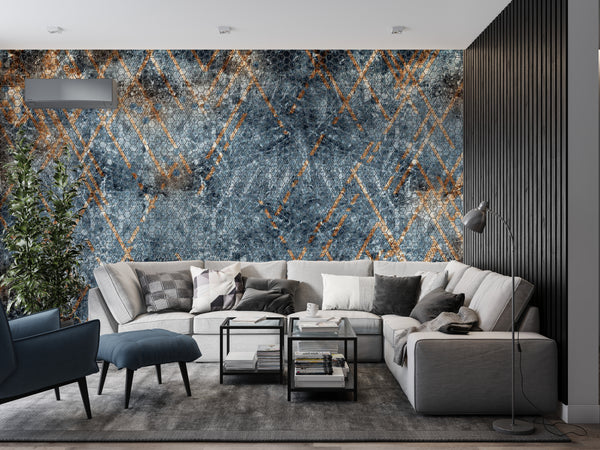 Abstract Wallpaper Mural, Non Woven, Gold Lines Wallpaper, Blue Abstract Wall Mural