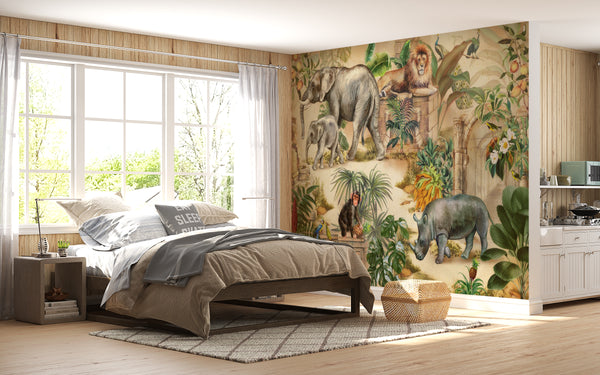 Wallpaper Mural, Elephant, Lion and Monkeys Wallpaper, Safari Animals Wall Mural