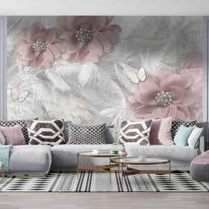 Fantasy Wallpaper | Soft Pink Flowers & Feathers Wallpaper