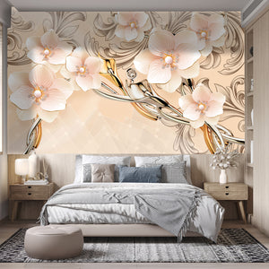 Wall Mural Fantasy | Soft Orange Large Flowers & Silver Brooch Wallpaper