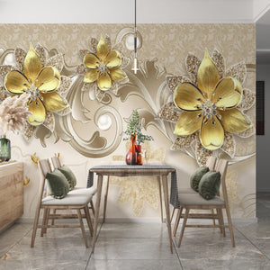 Wall Mural Fantasy | Yellow Gold Large Flowers & Abstract Background Wall Mural