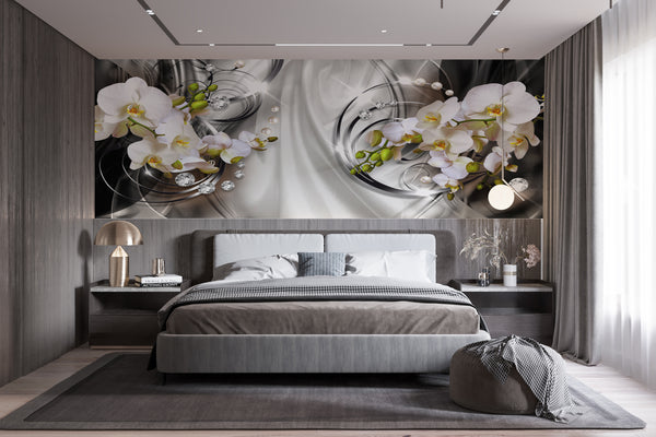Fantasy Wallpaper, Non Woven, White Large Orchid Flower Branch Wallpaper, Grey Silver Diamonds Wall Mural