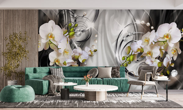 Fantasy Wallpaper | White Large Orchid Flower Branch Wallpaper