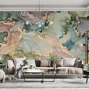  Green, Gold & Pink Abstract Alcohol Inks Wallpaper Mural