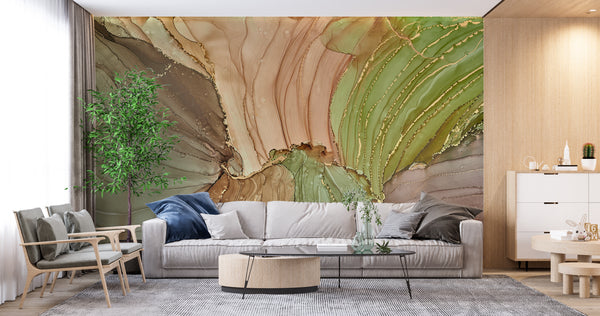  Alcohol Inks Green & Beige Wall Mural
