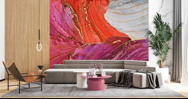 Fluid Art Wallpaper Mural, Non Woven, Red & Grey Marble Wallpaper, Pink Alcohol Inks Wall Mural
