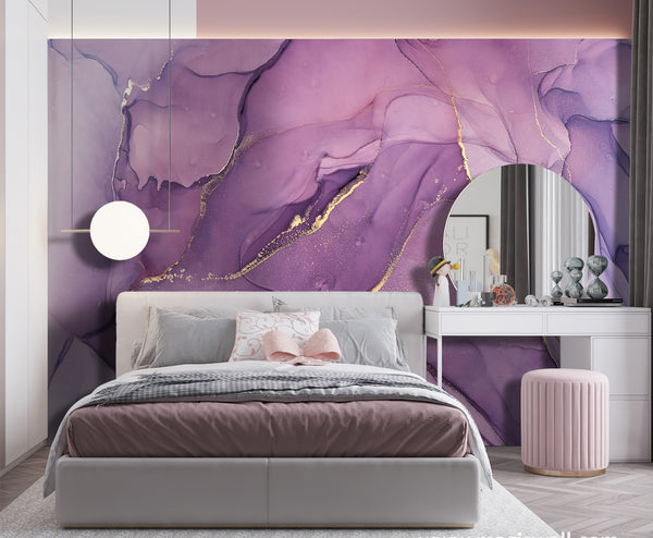 Fluid Art Wallpaper Mural, Non Woven, Purple & Gold Alcohol Inks Wall Mural, Abstract Wall Mural