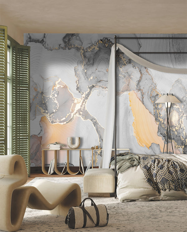 Fluid Art Wallpaper Mural, Non Woven, Grey & Gold Marble Wallpaper, Abstract Aclohol Inks Wall Mural