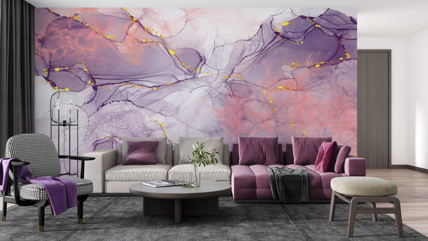 Fluid Art Wallpaper Mural, Non Woven, Purple & Gold Marble Wallpaper, Abstract Aclohol Inks Wall Mural