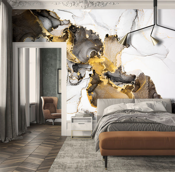 Fluid Art Wallpaper Mural, Non Woven, Black & Gray Paints with Glowing Gold Marble Wallpaper, Abstract Aclohol Inks Wall Mural