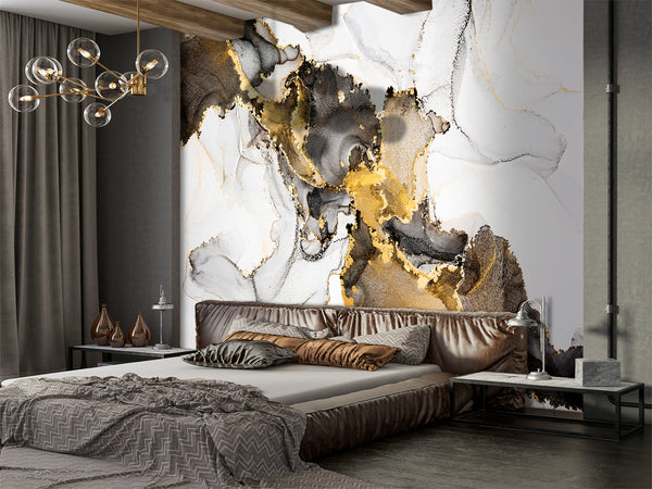  Black & Gray Paints with Glowing Gold Marble Mural