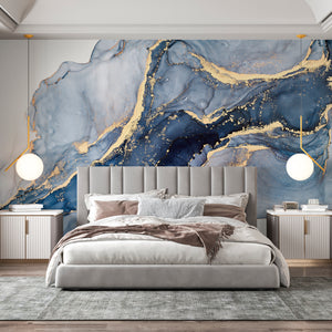  Fluid Art Blue & Gold Marble Wall Mural 