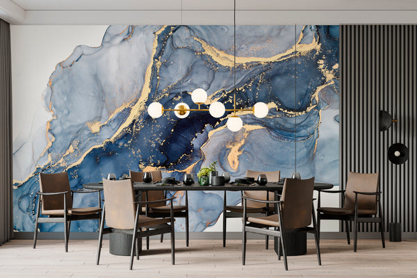 Fluid Art Wallpaper Mural, Non Woven, Blue & Gold Marble Wallpaper, Abstract Aclohol Inks Wall Mural