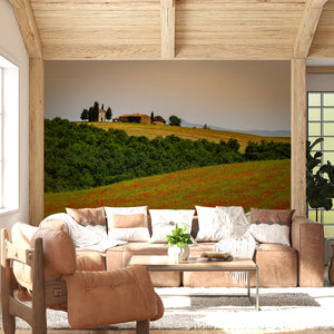  Poppy field with old chapel in Tuscany Italy Wall Mural