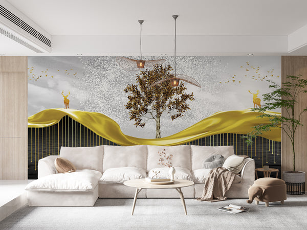 Nature Wallpaper, Non Woven, Golden Tree and Deer Animals Wallpaper, Abstract Nature Wall Mural