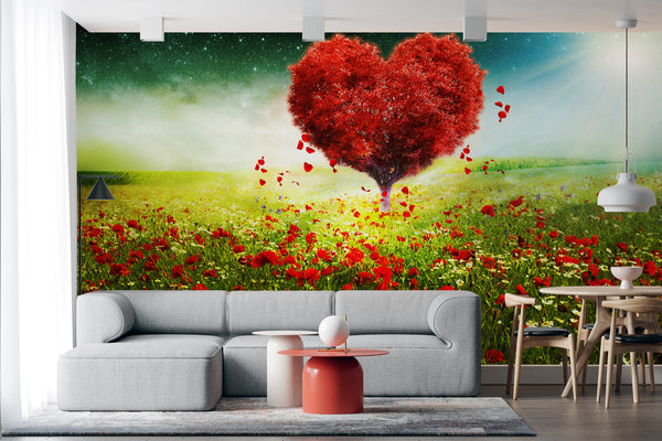 Nature Wallpaper, Non Woven, Red Heart Wallpaper, Landscape and Floral Field Wall Mural