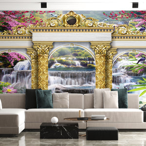 Waterfall Mural | Gold Arched Columns Wallpaper
