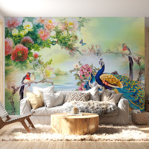 Fresco Mural | Colorful Birds and Flower Wallpaper
