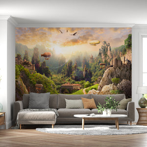 Fresco Wallpaper | Landscape and Airship Wall Mural