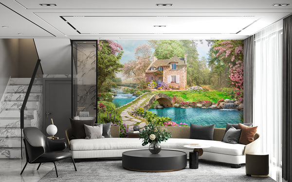 Fresco Wallpaper | Floral Garden and Old House Wallpaper