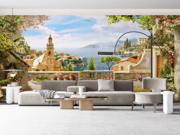 Fresco Wallpaper, Non Woven, Old City and Sea View Wallpaper, Provence Wall Mural