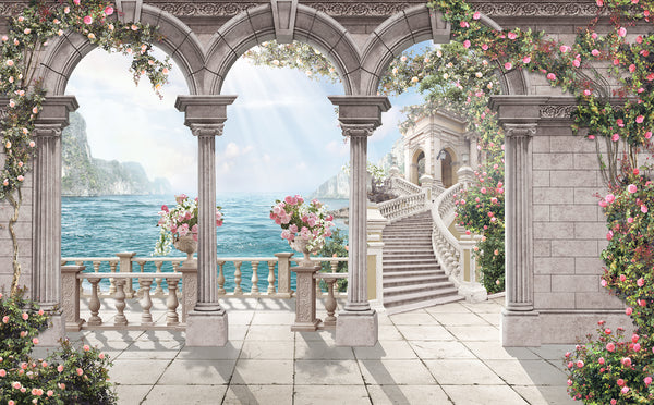 Fresco Wallpaper, Non Woven, Arched Columns Wallpaper, Pink flowers and Sea View Wall Mural