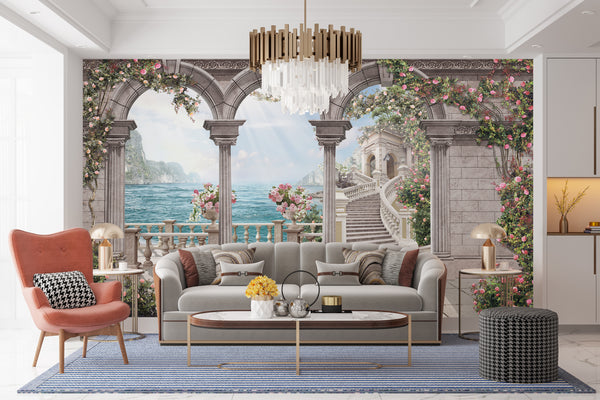 Fresco Wallpaper, Non Woven, Arched Columns Wallpaper, Pink flowers and Sea View Wall Mural