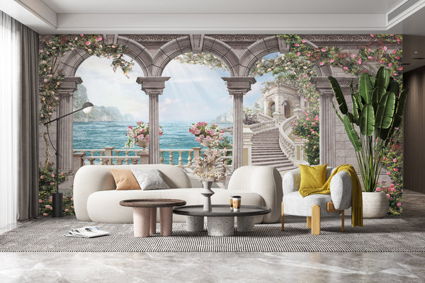 Fresco Wallpaper | Pink flowers and Sea View Wall Mural