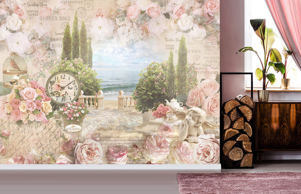 Fresco Mural | Pink Flowers Wallpaper