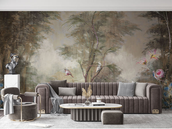 Fresco Wallpaper, Non Woven, Chinoiserie Wallpaper, Vintage Tropical Forest Wall Mural