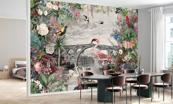 Fresco Wallpaper, Non Woven, Chinoiserie Wallpaper, Pink Flamingo & Tropical Birds Wallpaper