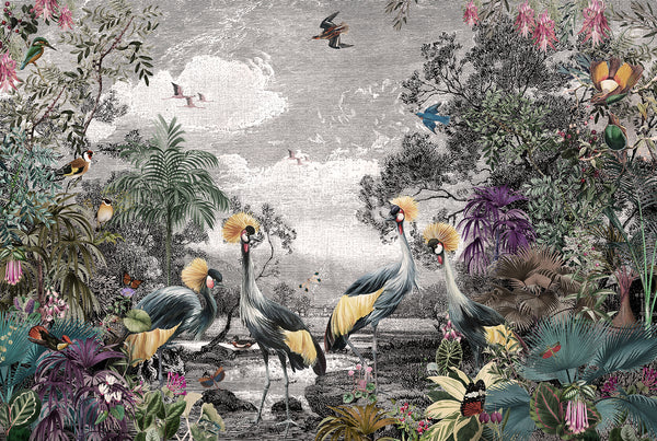 Fresco Wallpaper, Non Woven, Chinoiserie Wallpaper, Tropical Birds Wall Mural, Jungle Forest Mural