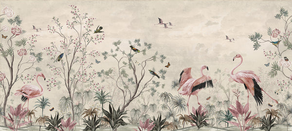 Fresco Wallpaper, Non Woven, Vintage Chinoiserie Wallpaper, Pink Flamingo Wall Mural, Jungle Wallpaper