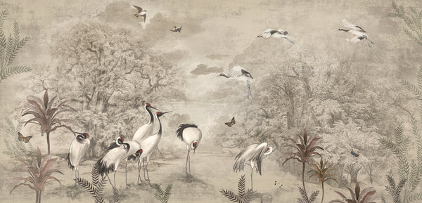 Fresco Wallpaper, Non Woven, White Heron Birds Wall Mural, Tropical Chinoiserie Wallpaper