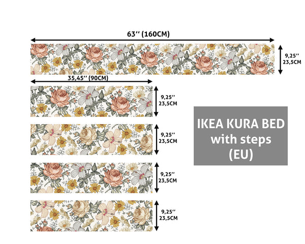 Decals for Kura Bed, Colorful Vintage Flowers IKEA Kura Bed Decal, Decal for Girls, Ikea bunk bed stickers, Boho Wrap for kura bed, Peel& Stick, Removable Decal